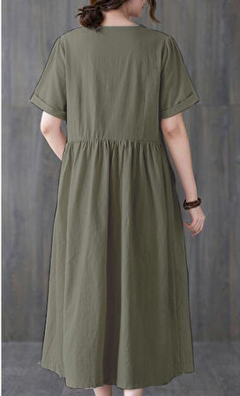 Keten Günlük Rahat V Yaka Beli Büzgü Detaylı Düğmeli Elbise