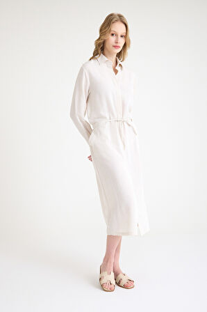 Keten Günlük Rahat Beli Bağcık Detaylı Uzun Kol Elbise