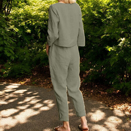 Kemerli Kadın İkili Takım Alt Üst Keten Günlük Rahat Beli