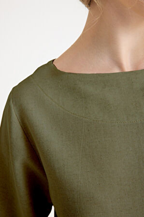 Keten Günlük Rahat Beli Kemerli Kadın İkili Takım Haki Alt Üst