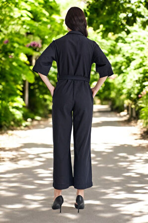 Yazlık Gömlek Yaka Keten Tulum