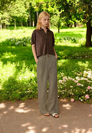 Yazlık Düğmeli Tasarım Kadın Keten Pantolon