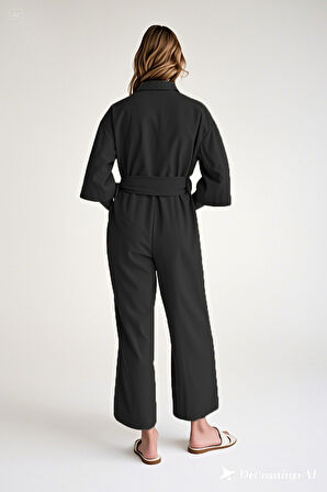 Yazlık Gömlek Yaka Keten Tulum