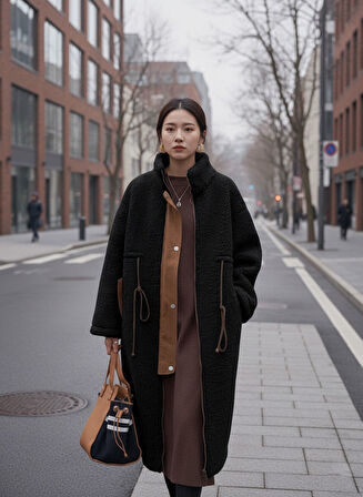 Beli Bağcıklı Kadın Fermuarlı Peluş Ceket