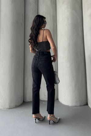 Kadın Antrasit Yırtık Detaylı Mom Jean Yüksek Bel Rahat Kalıp Denim Pantolon