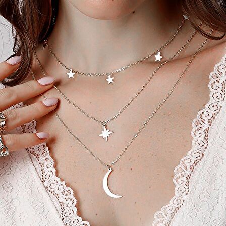 Gümüş Renk Kutup Yıldızı Ve Hilal Figürlü Çok Katmanlı Kombin Kolye 960