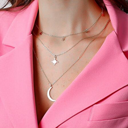 Gümüş Renk Kutup Yıldızı Ve Hilal Figürlü Çok Katmanlı Kombin Kolye 960