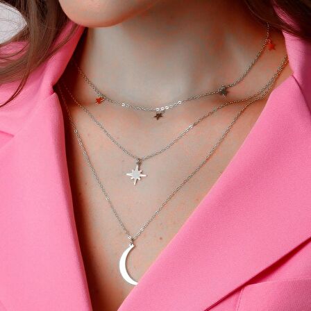 Gümüş Renk Kutup Yıldızı Ve Hilal Figürlü Çok Katmanlı Kombin Kolye 960