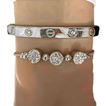 Gümüş  Renk Kombin Bileklik Seti Cartier Taşlı Bileklik Ve Zirkon Macun Bileklik - 1036