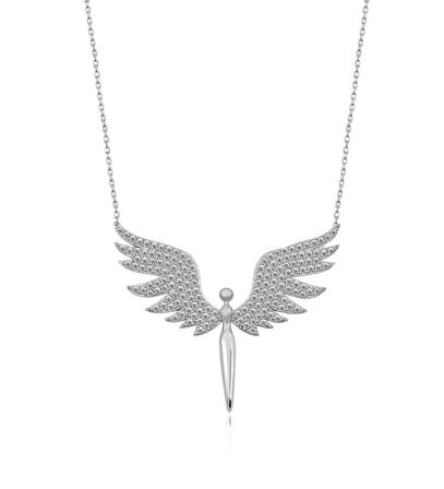 Gümüş Renk Mikail Meleği Kanatlı Beyaz Taşlı Zirkon Kolye - 1076