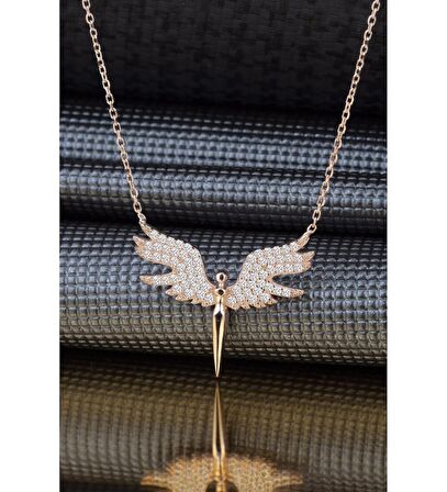 Altın Renk Mikail Meleği Kanatlı Beyaz Taşlı Zirkon Kolye - 1077