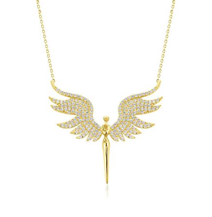 Altın Renk Mikail Meleği Kanatlı Beyaz Taşlı Zirkon Kolye - 1077