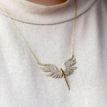 Altın Renk Mikail Meleği Kanatlı Beyaz Taşlı Zirkon Kolye - 1077