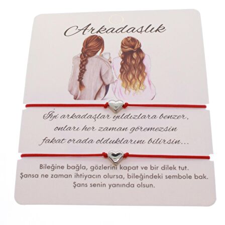 Gümüş Renk Kırmızı İp Kalp Arkadaş  Bilekliği - 1606