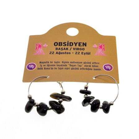 Doğaltaş Başak Burçu Obsidyen Taşı Burç Küpe - 2333