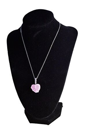 Gümüş Renk Pembe Kalp  Çelik Kolye - 2467
