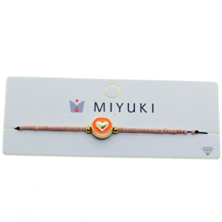 Altın Renk Pembe Mineli Kalp  Model Miyuki Bileklik - 2954