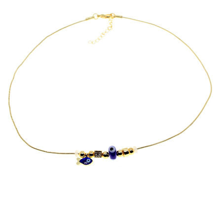 Altın Renk Mavi Mineli Balık Pandora Model Zirkon Kolye  - 2992