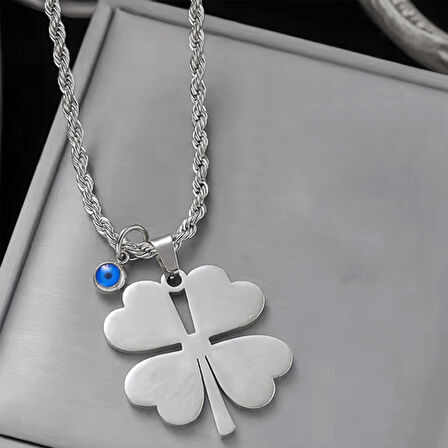 Gümüş Rengi Yazı Yazılabilen Burgu Zincir  Yonca 45 Cm Vip Solmaz Kararmaz Çelik Kolye - 3040