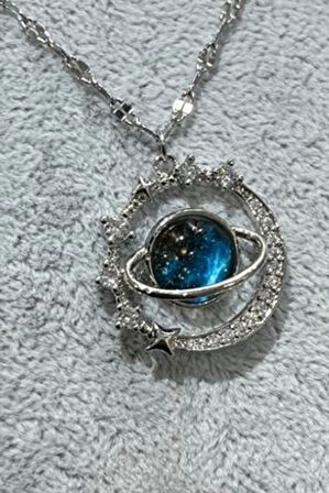 Gümüş Renk Singapur Zincir Mavi Zirkon Yıldız Ve Gezegen Vip Solmaz Kararmaz Çelik Kolye - 3043