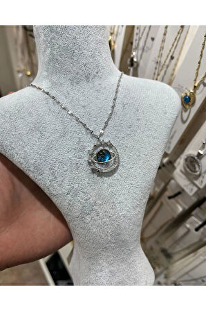 Gümüş Renk Singapur Zincir Mavi Zirkon Yıldız Ve Gezegen Vip Solmaz Kararmaz Çelik Kolye - 3043