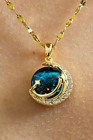 Altın Renk Singapur Zincir Mavi Zirkon Taşlı Gezegen Vip Solmaz Kararmaz Çelik Kolye - 3044