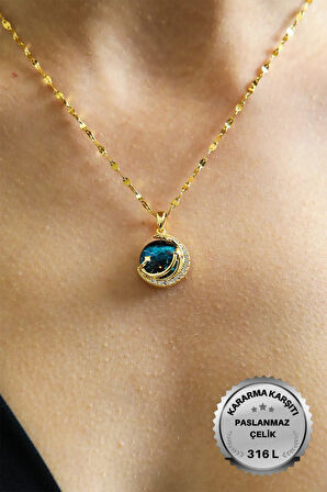 Altın Renk Singapur Zincir Mavi Zirkon Taşlı Gezegen Vip Solmaz Kararmaz Çelik Kolye - 3044