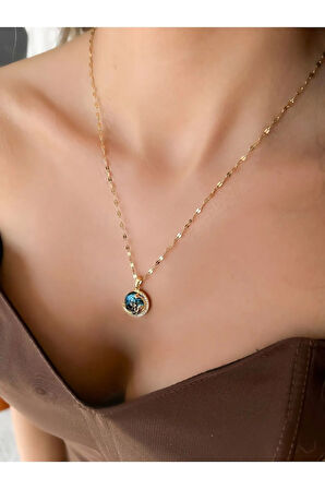 Altın Renk Singapur Zincir Mavi Zirkon Taşlı Gezegen Vip Solmaz Kararmaz Çelik Kolye - 3044