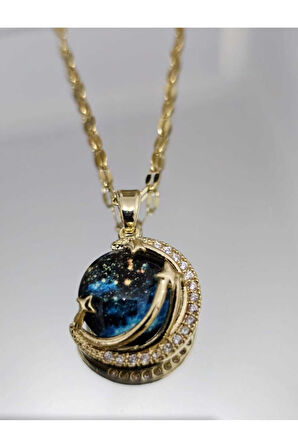 Altın Renk Singapur Zincir Mavi Zirkon Taşlı Gezegen Vip Solmaz Kararmaz Çelik Kolye - 3044