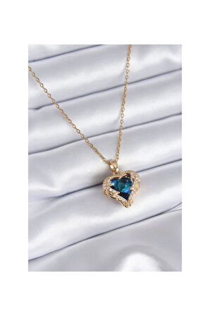 Altın Renk Sf Zincirde Mavi Kalp Gezegen Vip Solmaz Kararmaz Çelik Kolye - 3045