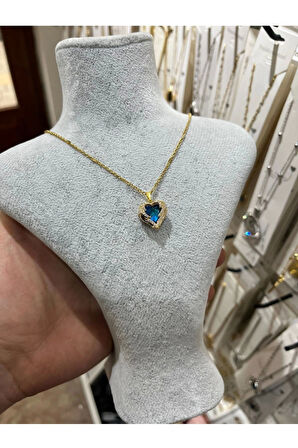 Altın Renk Sf Zincirde Mavi Kalp Gezegen Vip Solmaz Kararmaz Çelik Kolye - 3045