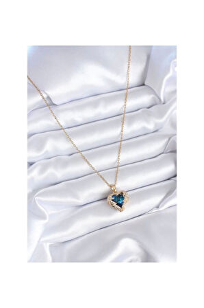 Altın Renk Sf Zincirde Mavi Kalp Gezegen Vip Solmaz Kararmaz Çelik Kolye - 3045