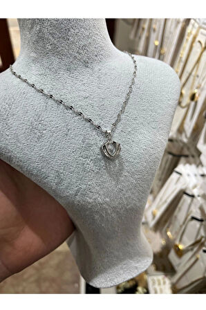 Gümüş Renk Singapur Zincirde Kalp Tektaş Detaylı Vip Solmaz Kararmaz Çelik Kolye - 3046