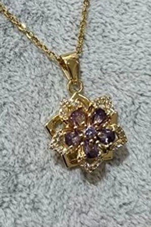 Altın Renk Sf Zincir Mor Taşlı Ucu Dönen Vip Solmaz Kararmaz Çelik Kolye - 3047