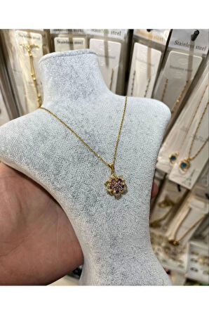 Altın Renk Sf Zincir Mor Taşlı Ucu Dönen Vip Solmaz Kararmaz Çelik Kolye - 3047