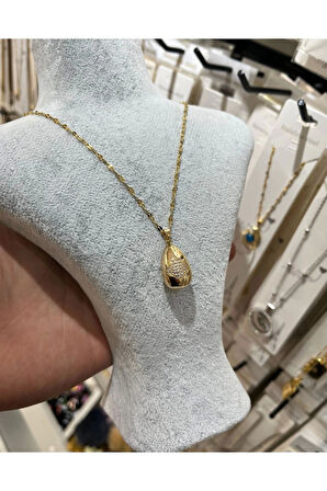 Altın Renk Singapur Zincirde Taşlı Göz Yaşı Bottega Model Vip Solmaz Kararmaz Çelik Kolye- 3054