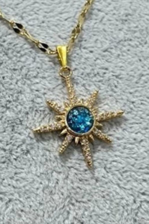 Altın Renk Singapur Zincir Mavi Zirkon Kutup Yıldızı Gezegen Vip Solmaz Kararmaz Çelik Kolye - 3056