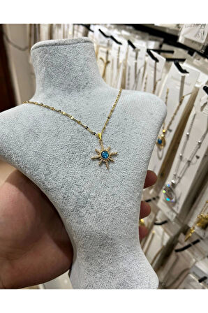 Altın Renk Singapur Zincir Mavi Zirkon Kutup Yıldızı Gezegen Vip Solmaz Kararmaz Çelik Kolye - 3056