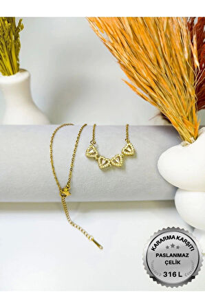 Altın Renk Sf Zincir 4 Kalp Model Vip Solmaz Kararmaz Çelik Kolye - 3057