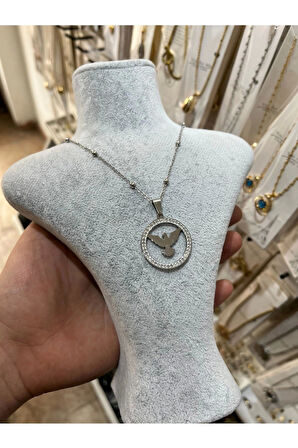 Gümüş Renk Top Zincir Zirkon Taşlı Kuş Temalı Kadın Vip Solmaz Kararmaz Çelik Kolye- 3059