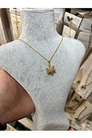 Altın Renk Sf Zincir Kar Tanesi Model Ucu Dönen Vip Solmaz Kararmaz Çelik Kolye - 3065