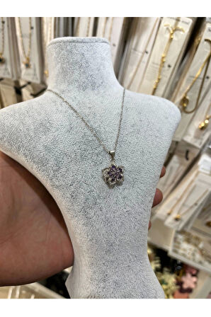 Gümüş Renk Sf Zincir Mor Taşlı Ucu Dönen Vip Solmaz Kararmaz Çelik Kolye - 3067