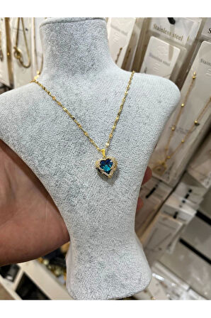 Altın Renk Singapur Zincirde Mavi Taşlı Kalpli Gezegen Vip Solmaz Kararmaz Çelik Kolye - 3068