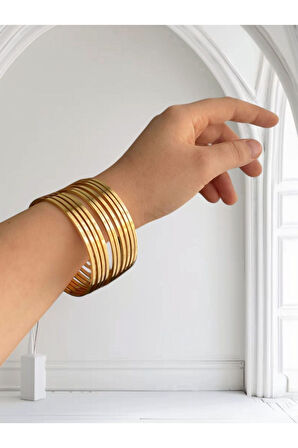 22 Ayar Altın Kaplama 10 Lu Kibrit Çöpü İnce Ajda Bilezik Seti 22 Cm. - 3155-10