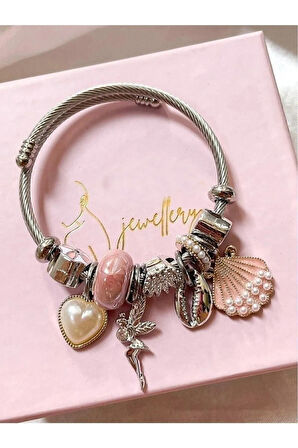 Gümüş Renk Pembe Deniz Kabuğu Charmlı Pandora Çelik Bileklik -  3159
