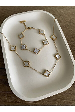 Altın Renk Beyaz Sedef  Kolye Bileklik Set (çift Yönlüdür) - 3166