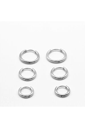 Gümüş Renk Çelik Set Halka Küpe Gümüş 6 Adet (3 Farklı Boy) Çelik Küpe - 3170