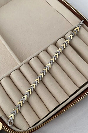 İki Renkli Özel Seri  Zirkon Taş Ve Plaka Sıralı V Çavuş Model Çelik Bileklik -  3174