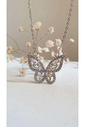 Gümüş Renk Kelebek Kararma Yapmaz Çelik Kolye- 3183