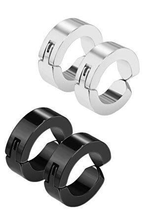 2 Ad. Siyah 2 Ad. Gümüş Renk 4 Ad. Sıkıştırmalı Unisex  Deliksiz Kulaklara Çelik Küpe  - 3187